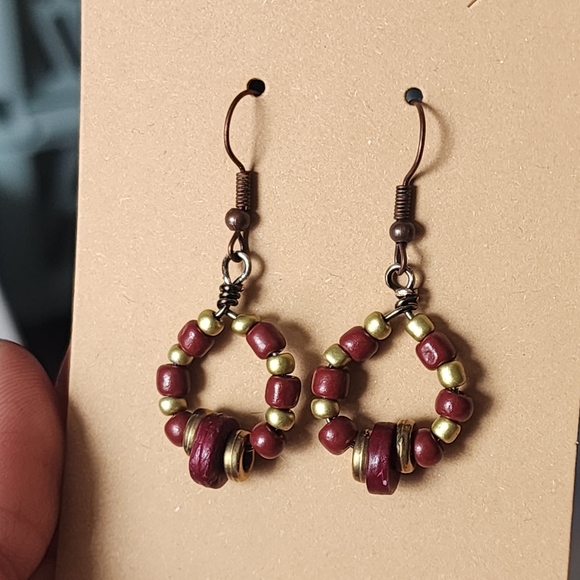 Handmade Jewelry - Handmade Beaded Hoop Earrings, Wood And Metal